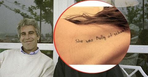 Composite photo of Jeffrey Epstein and woman's body with 'Lolita' inscription
