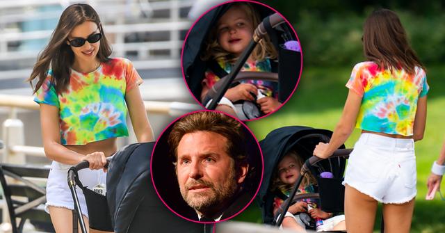 Irina Shayk Pushes Stroller In Tie-Dye Crop Top and White Shorts After Bradley Cooper Split