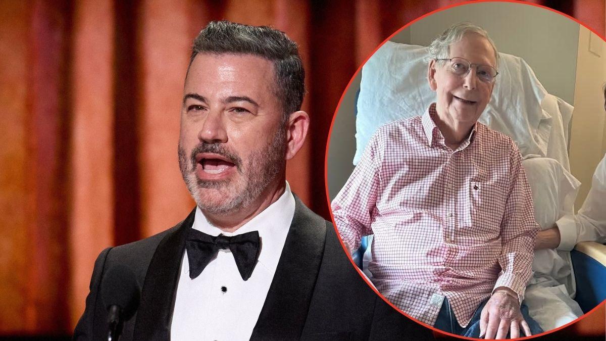 A photo of Jimmy Kimmel alongside a photo of Mitch McConnell