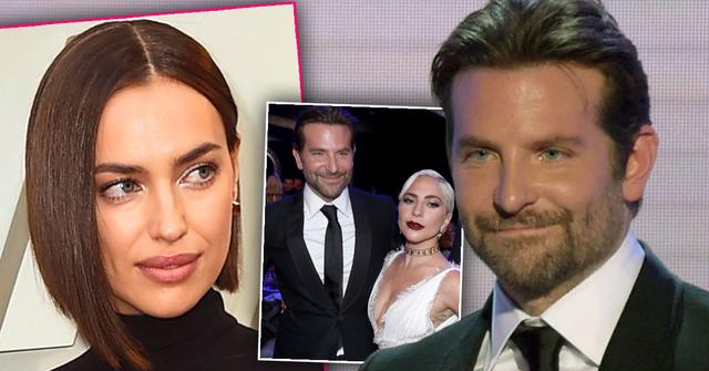 Bradley Cooper on Far Right Wearing Tux, Inset Irina Shayk Looking Right at Inset of Bradley Cooper Wearing Tux and Lady Gaga Wearing White Dress