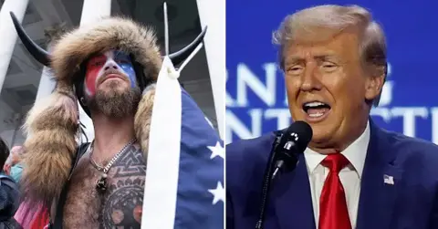 Composite photo of Qanon Shaman and Donald Trump