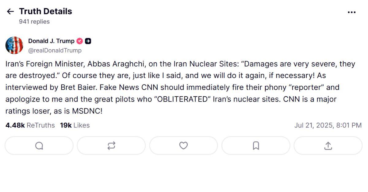 Screengrab of Truth Social update