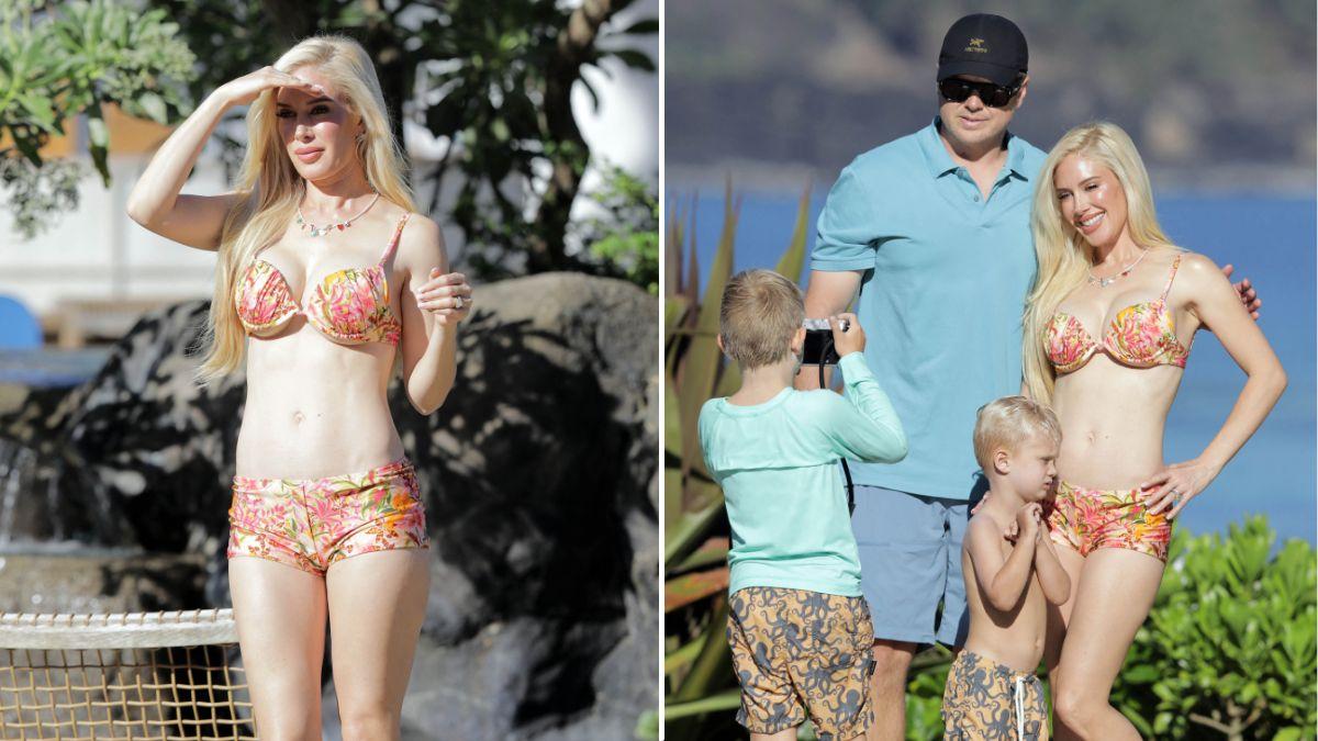 image of Montag modeled a colorful floral bikini as cameras rolled against a stunning ocean backdrop.