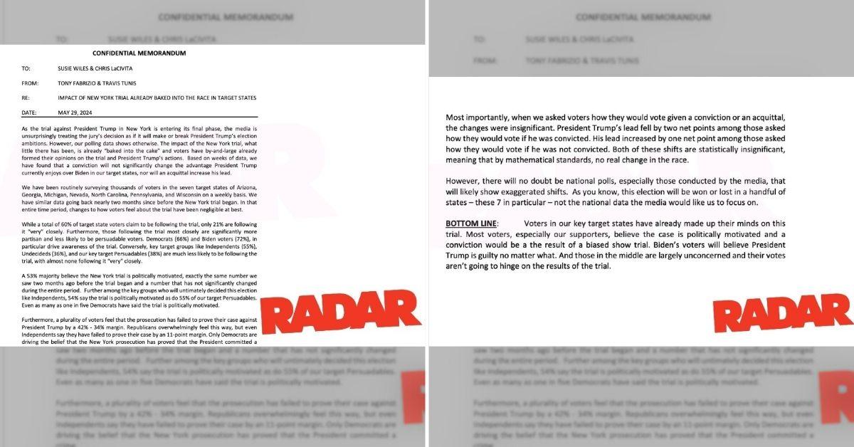 Leaked Memo Trump Pollsters Claim Verdict Already ‘Baked Into the Cake’