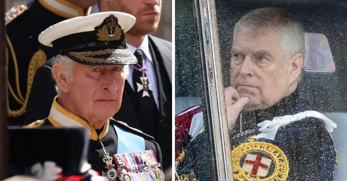Split photo of Prince Andrew & King Charles III