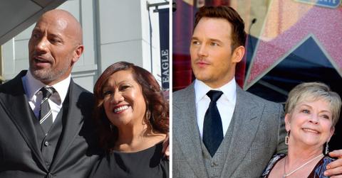 Split photo of Dwayne 'The Rock' Johnson and Ata Johnson, Chris Pratt and Kathy Pratt
