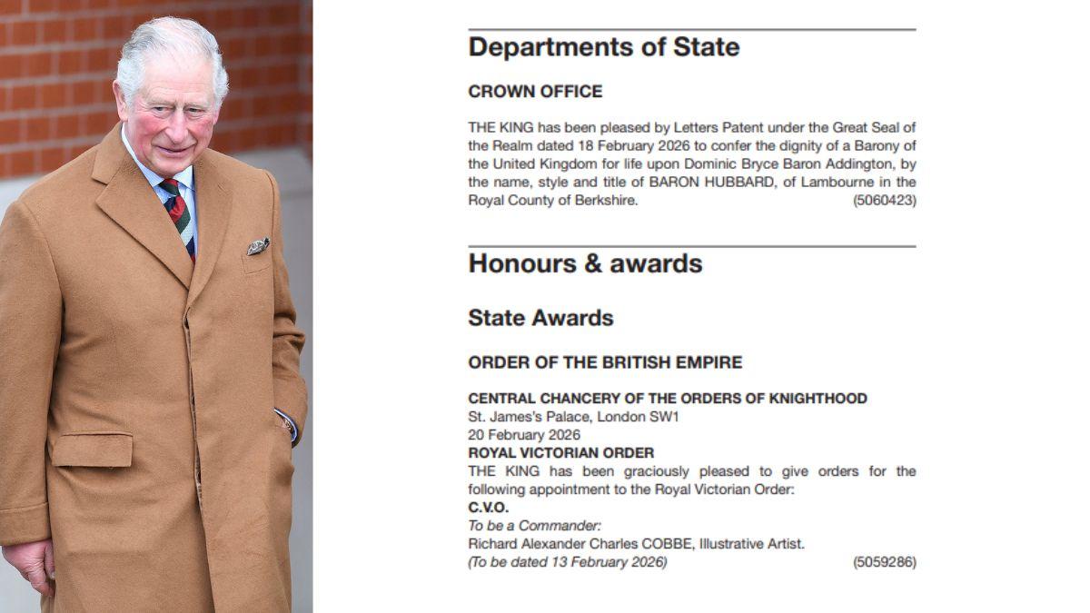 Photo of King Charles and his declaration of appointing Cobbe as Commander of the Royal Victorian Order