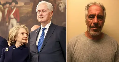 Split photos of Jeffrey Epstein, Bill and Hillary Clinton