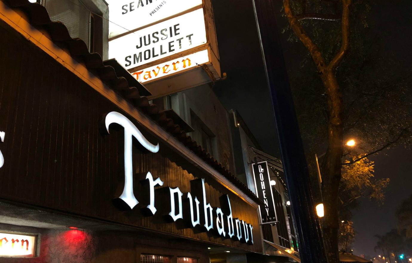 The outside of the Troubadour club in West Hollywood found a sign that stated “Jussie Smollett” would be performing that evening.