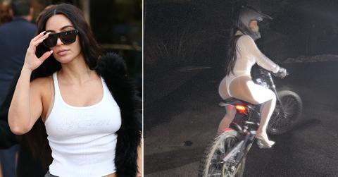 Split photo of Kim Kardashian, on dirt bike