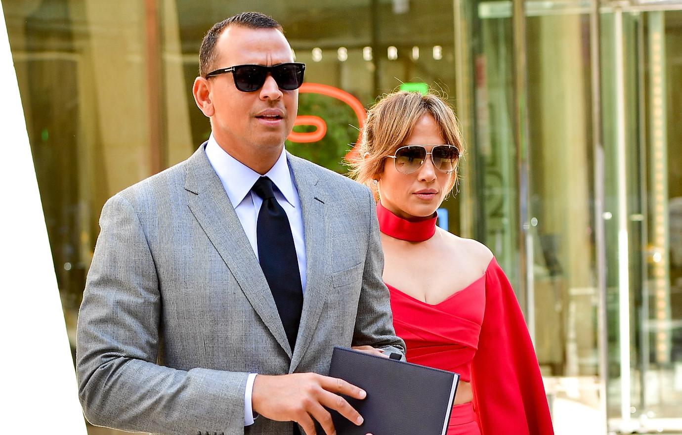 Alex Rodriguez and Jennifer Lopez leave the Solow Building on April 3, 2017 in New York City.