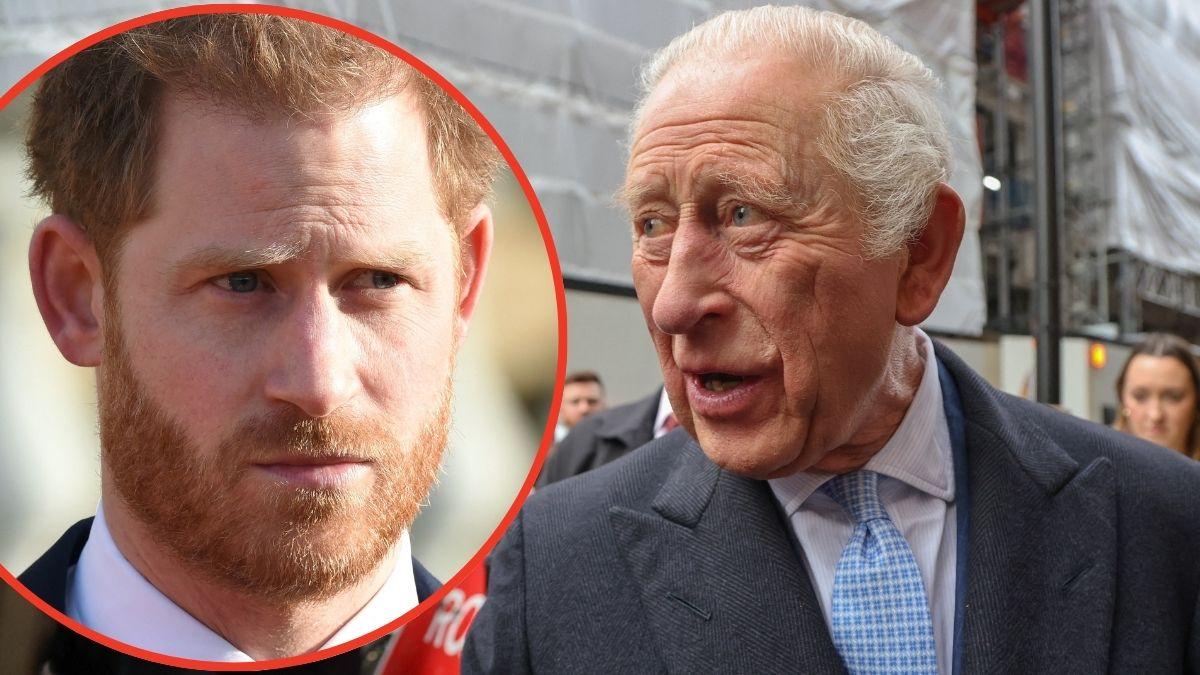 Split photo of King Charles and Prince Harry