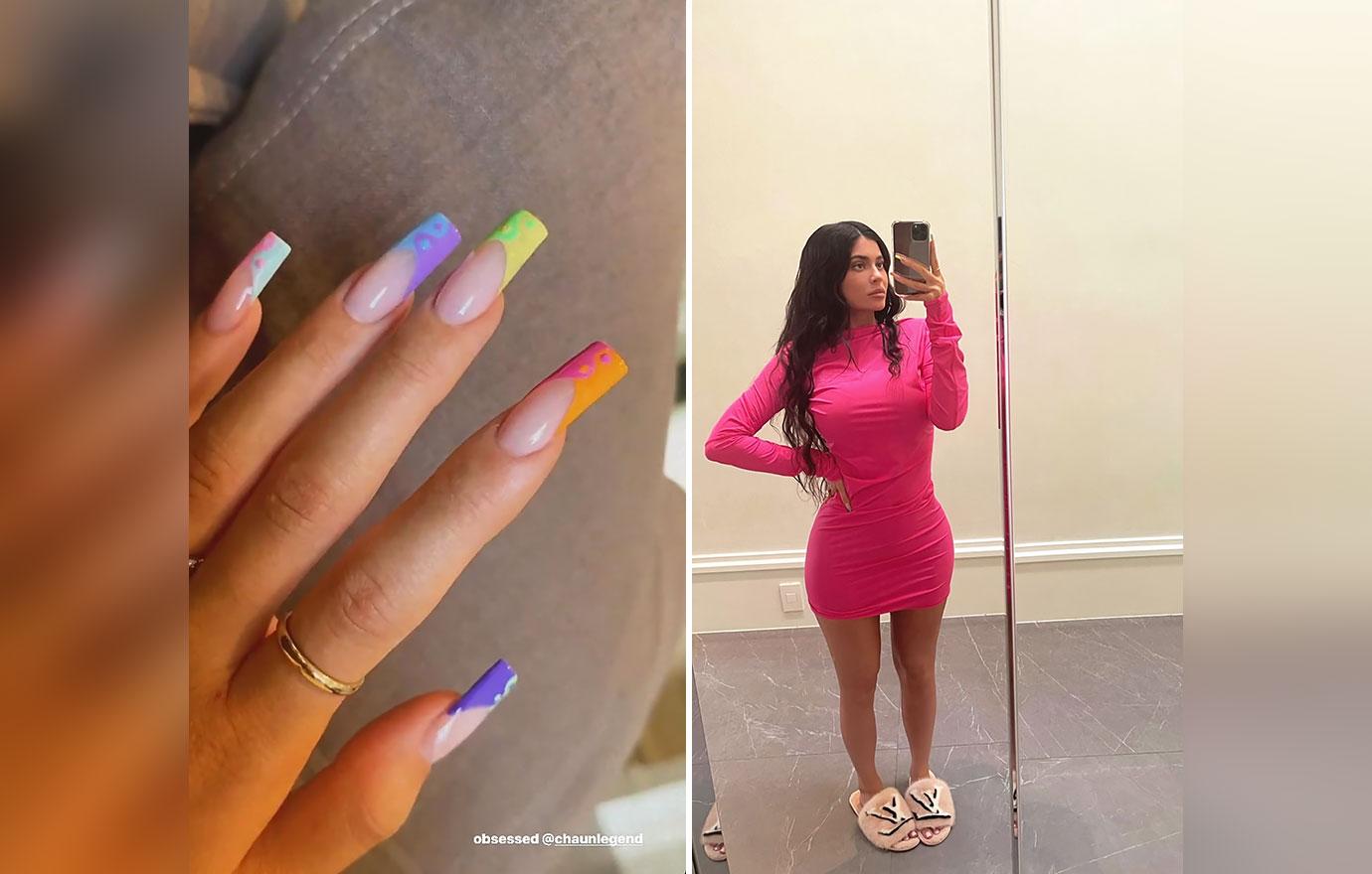 kylie jenner hits back pregnancy rumors pink dress clues nails instagram r