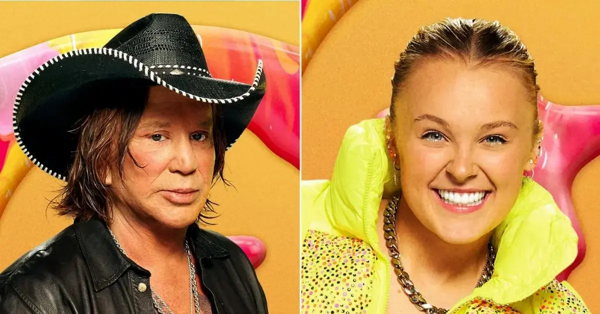 Split photo of Mickey Rourke, Jojo Siwa