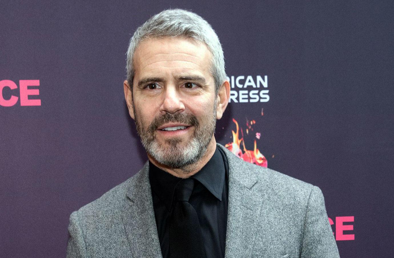 Andy Cohen With Full Beard and Mustache, Wearing Black Shirt and Tie With Gray Heathered Blazer