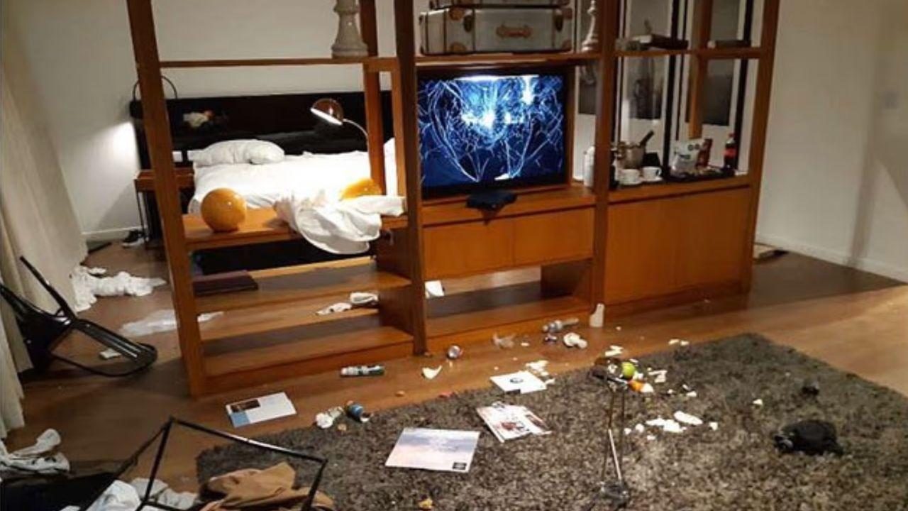 image of CCTV footage reportedly showed Liam Payne pacing through the hotel before he smashed his computer, yelled at a guest, and was later carried to his room.