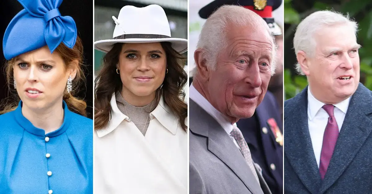 Split photos of King Charles, Andrew Windsor, Princess Beatrice and Princess Eugenie