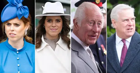 Split photos of King Charles, Andrew Windsor, Princess Beatrice and Princess Eugenie
