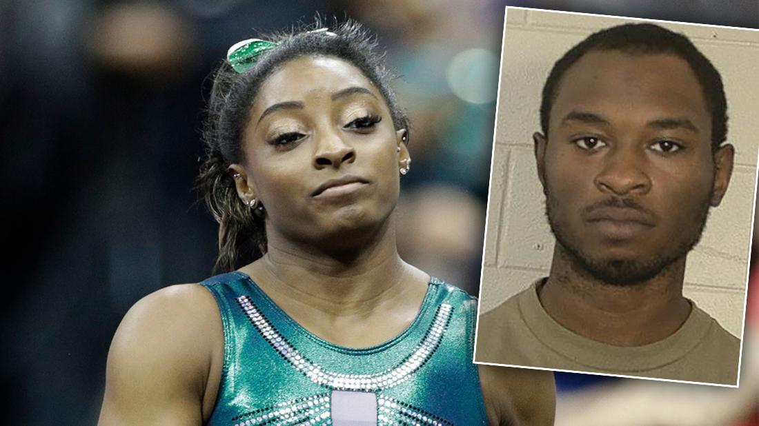 Simone Biles Looking Serious with Inset of Brother's Mug Shot