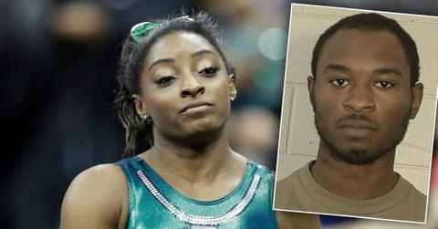 Simone Biles Looking Serious with Inset of Brother's Mug Shot