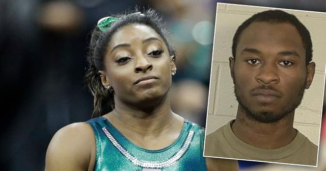 Simone Biles Looking Serious with Inset of Brother's Mug Shot