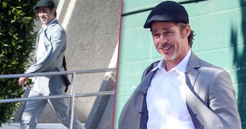 Brad Pitt Emerges Smiling From Office Building