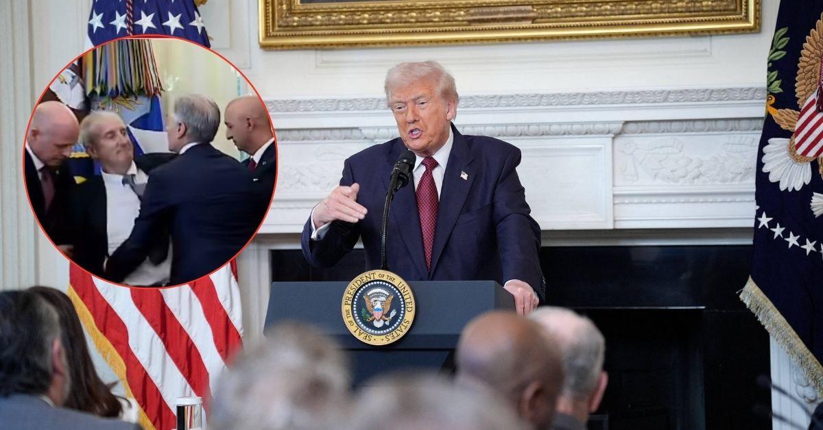 Composite photo of man fainting and Donald Trump