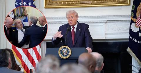 Composite photo of man fainting and Donald Trump