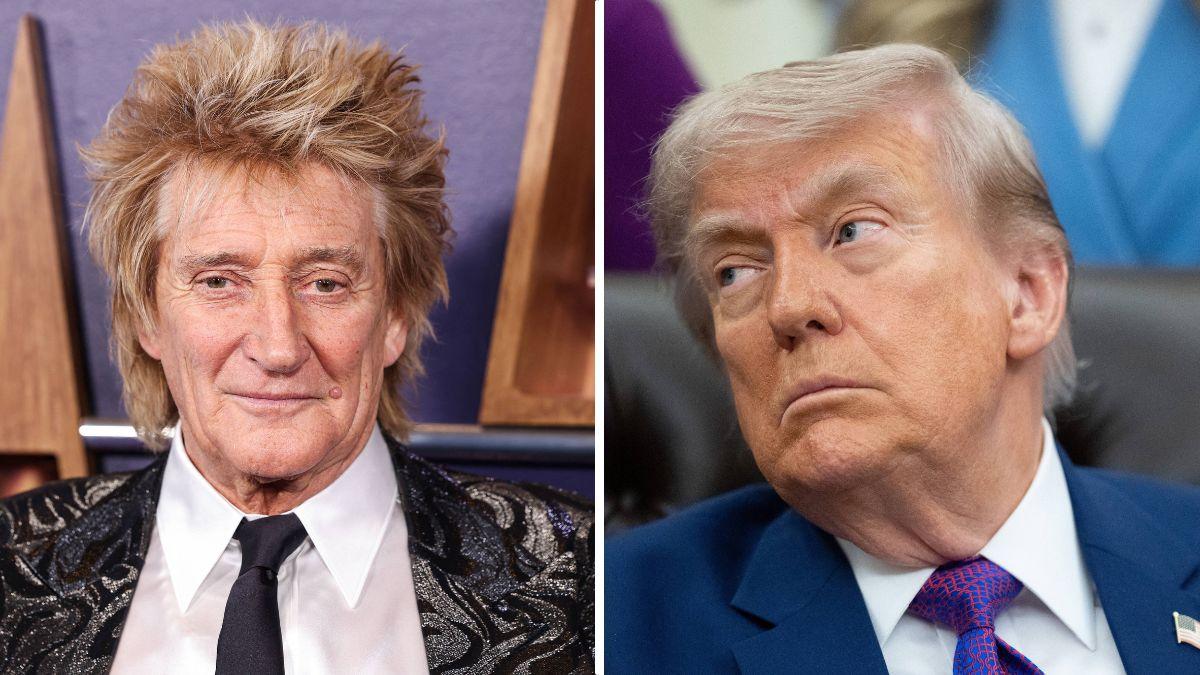 Split photos of Rod Stewart and Donald Trump