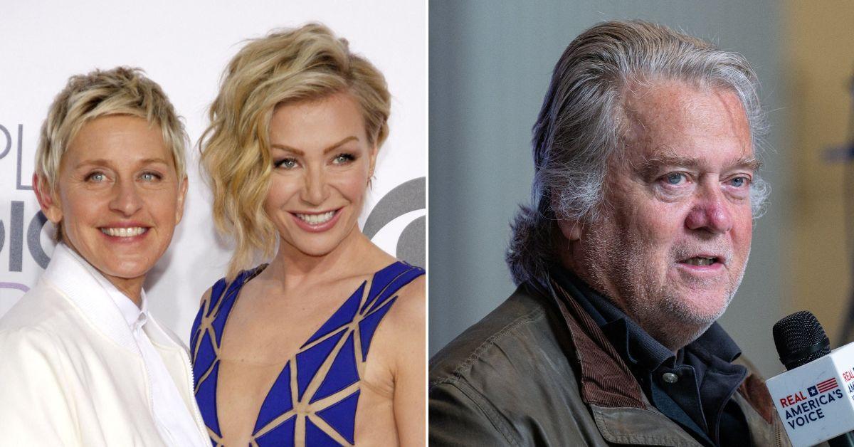 Composite photo of Ellen DeGeneres, Portia De Rossi and Steve Bannon