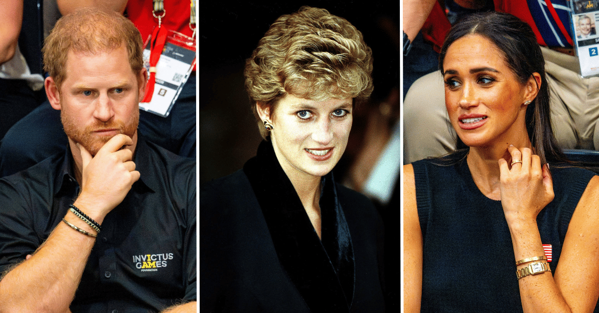 Split photo of Prince Harry, Princess Diana and Meghan Markle