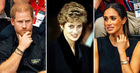 Split photo of Prince Harry, Princess Diana and Meghan Markle