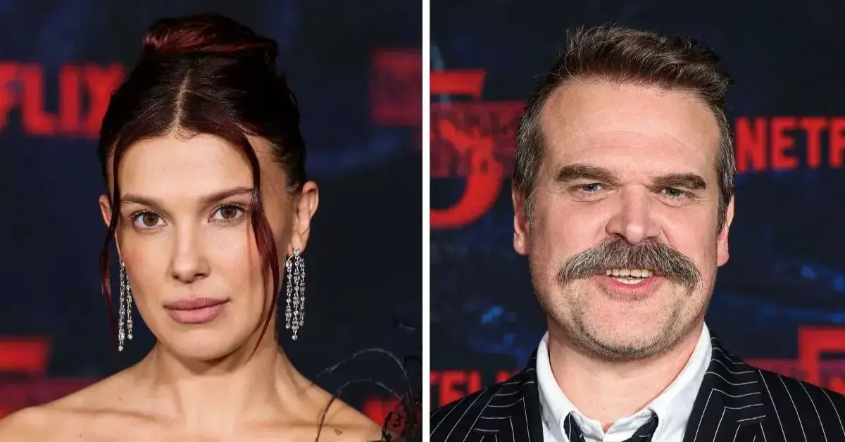 Split photo of Millie Bobby Brown, David Harbour
