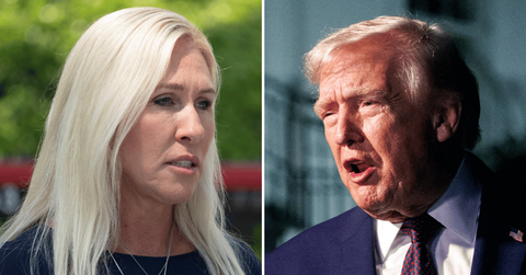 Split photo of Marjorie Taylor Greene, Donald Trump