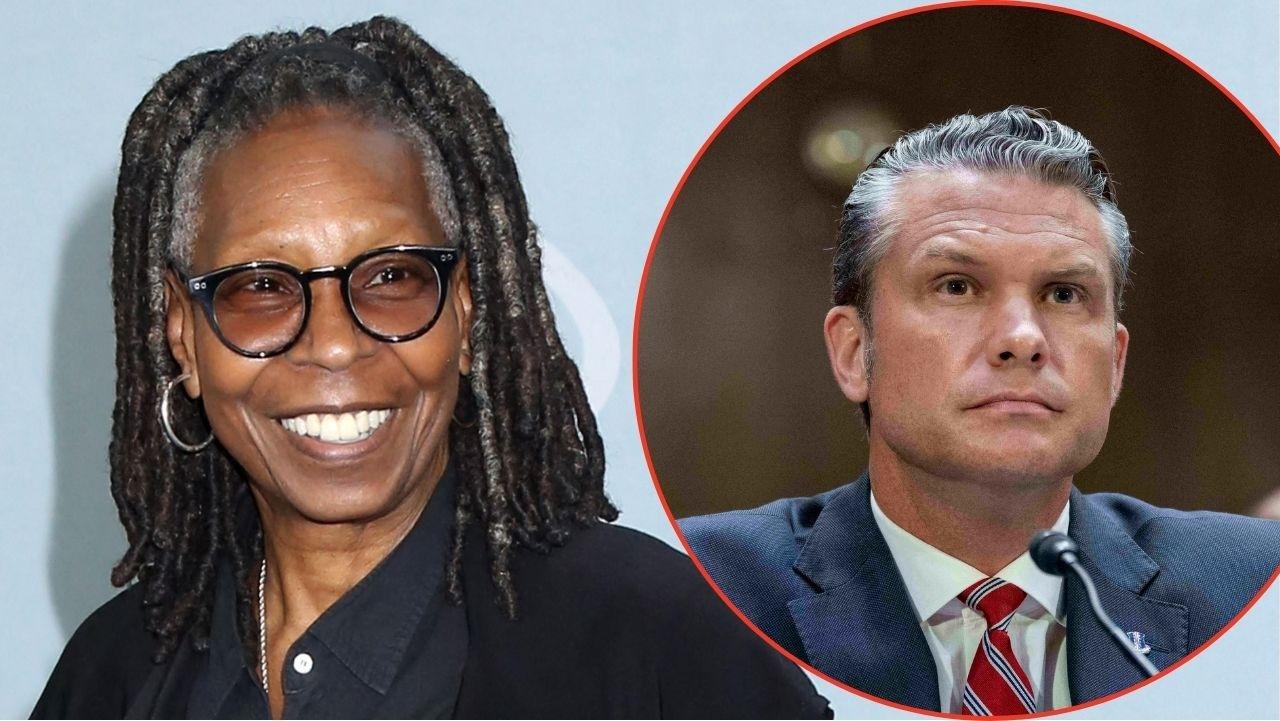 Split image of Whoopi Goldberg and Pete Hegseth