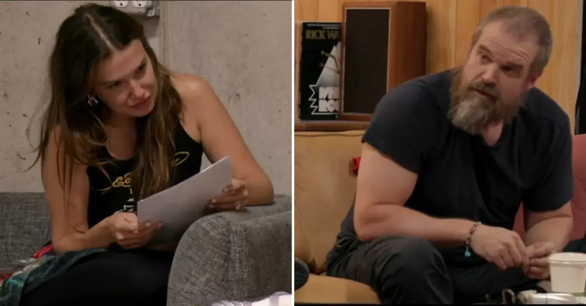 Split photo of Millie Bobby Brown, David Harbour