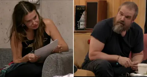 Split photo of Millie Bobby Brown, David Harbour