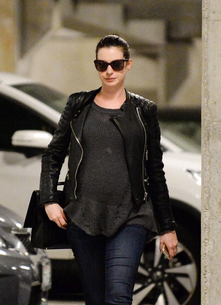 Anne Hathaway Pregnant Baby Bump Leather Jacket