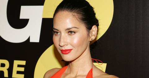 Olivia Munn wore a low cut red ruffled dress, red lips and an updo at the Ride Along 2 premiere.