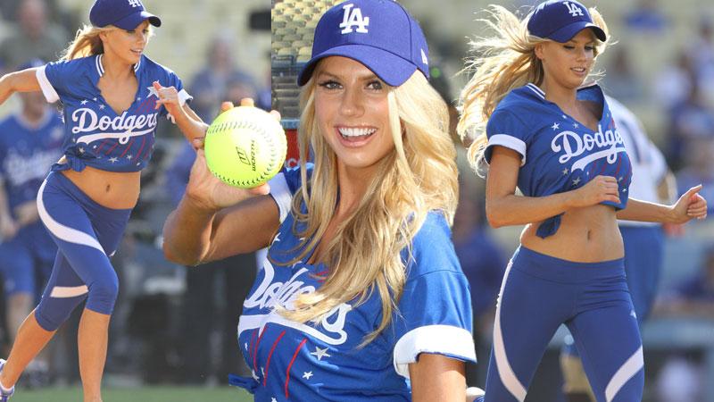 Charlotte McKinney hits a home run at Dodgers' Hollywood Stars game