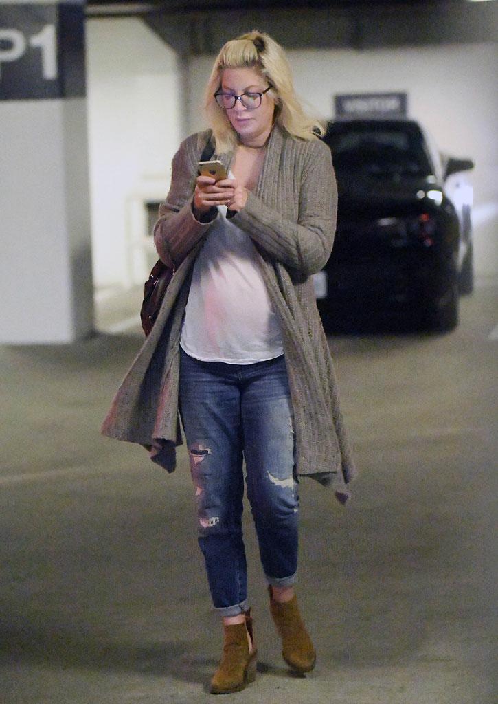 Tori Spelling Pregnant Baby Bump Sheer Shirt