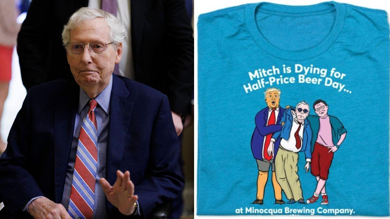 A photo of Mitch MConnell alongside a picture of a t-shirt