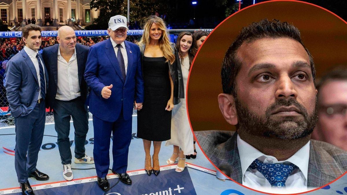 A photo of Trump and his circle at the UFC event alongside a photo of Kash Patel