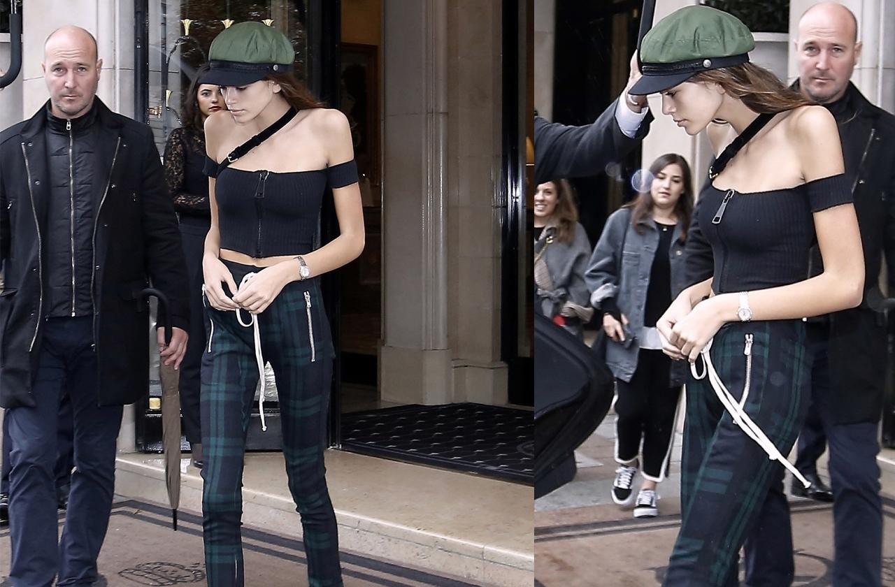 //gaunt looking kaia gerber leaves paris hotel pp