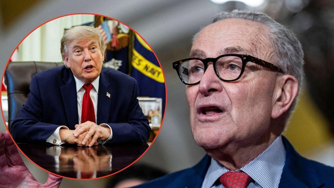 Split image of Donald Trump and Chuck Schumer