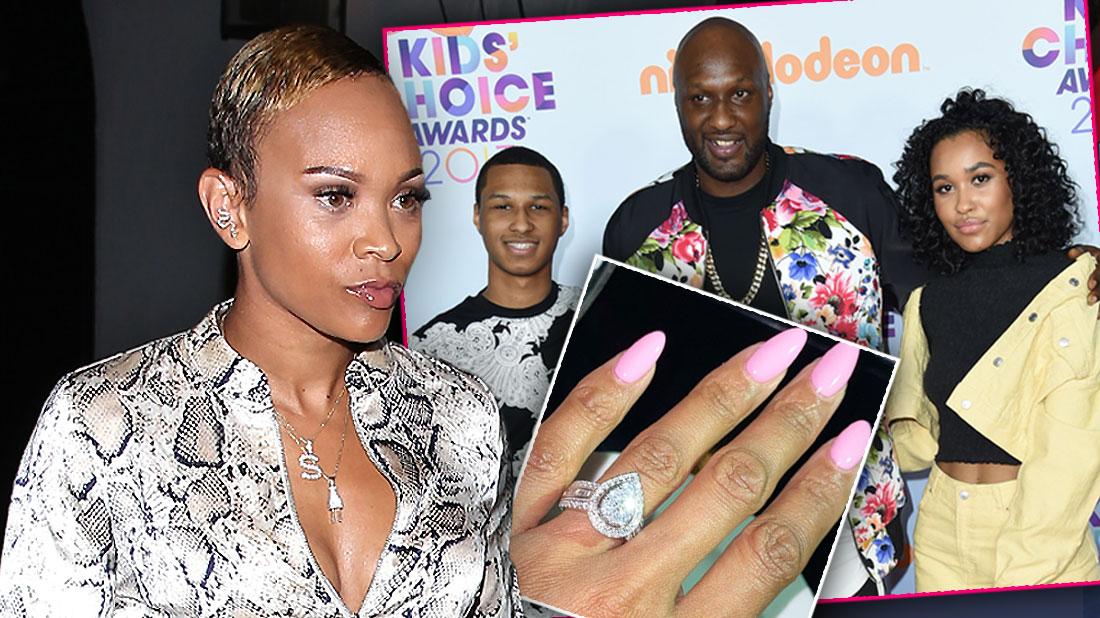 Sabrina Parr Looking Right, Inset Engaement Ring, Inset Lamar Odom and His Kids, Lamar Odom, Lamar Jr. and Destiny