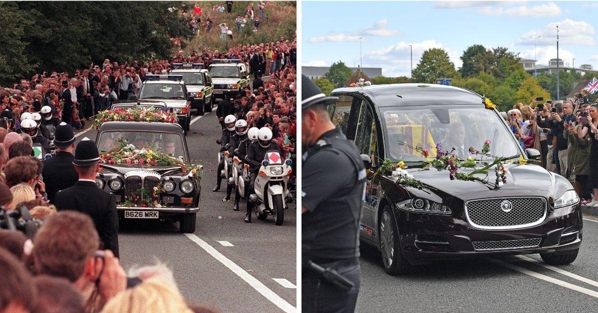 Photo of hearse carrying the coffin of Princess Diana and Queen Elizabeth