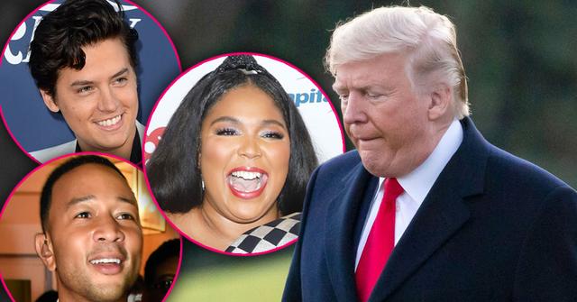 President Donald Trump plus insets of Lizzo, Cole Sprouse and John Legend laughing at him