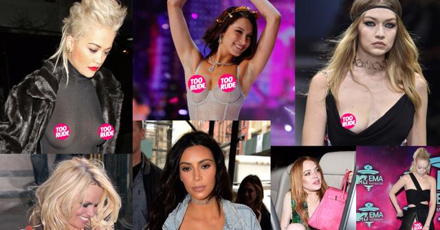 the best celebrity wardrobe malfunctions and nip slips of all time featuring Rita Ora, Bella Hadid, Gigi Hadid, Pamela Anderson, Kim Kardashian, Lindsay Lohan, and Iggy Azalea