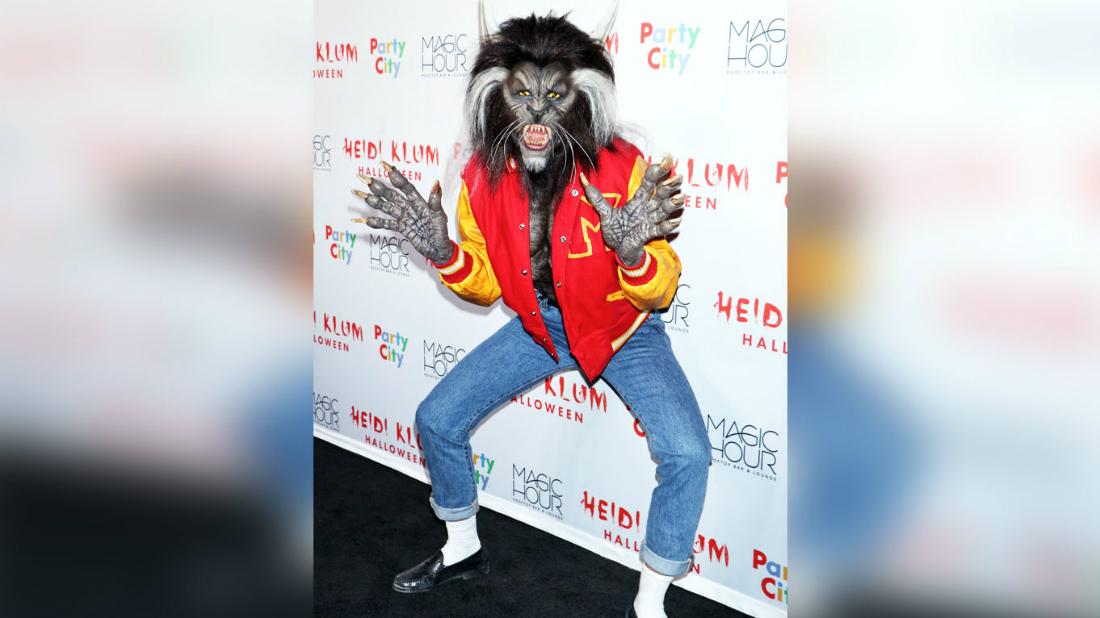 Heidi Klum came as Teen Wolf to her annual Halloween bash, sporting a red varsity jacket, blue jeans and a frightening wolf face.